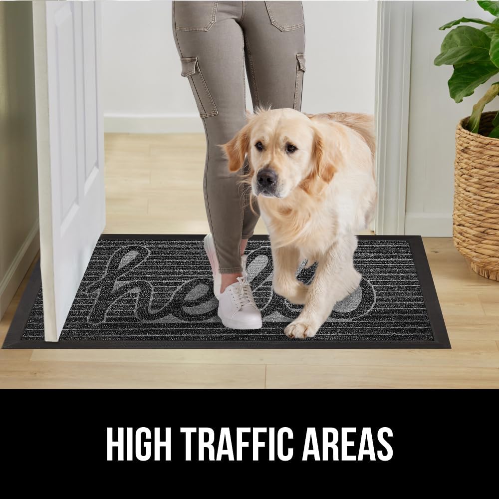 GORILLA GRIP 100% Waterproof All-Season WeatherMax Doormat 35x23, US Designed Natural Rubber, Stain and Fade Resistant, Low Profile Indoor Outdoor Door Mats, Easy Clean Patio Mat, Charcoal Hello