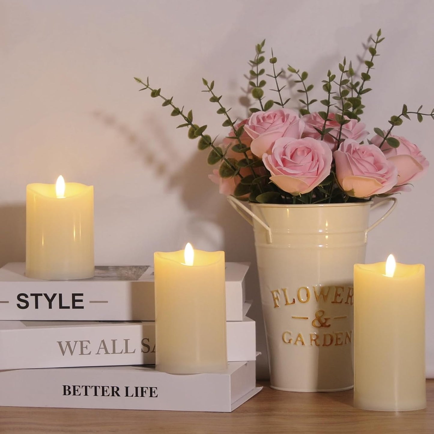 NURADA Outdoor Flameless Candles with Remote Timer - Waterproof Realistic Flickering LED Pillar Electric Battery Operated Fake Candle for Holiday Home Wedding Fireplace Decor - 3 Pack Ivory White