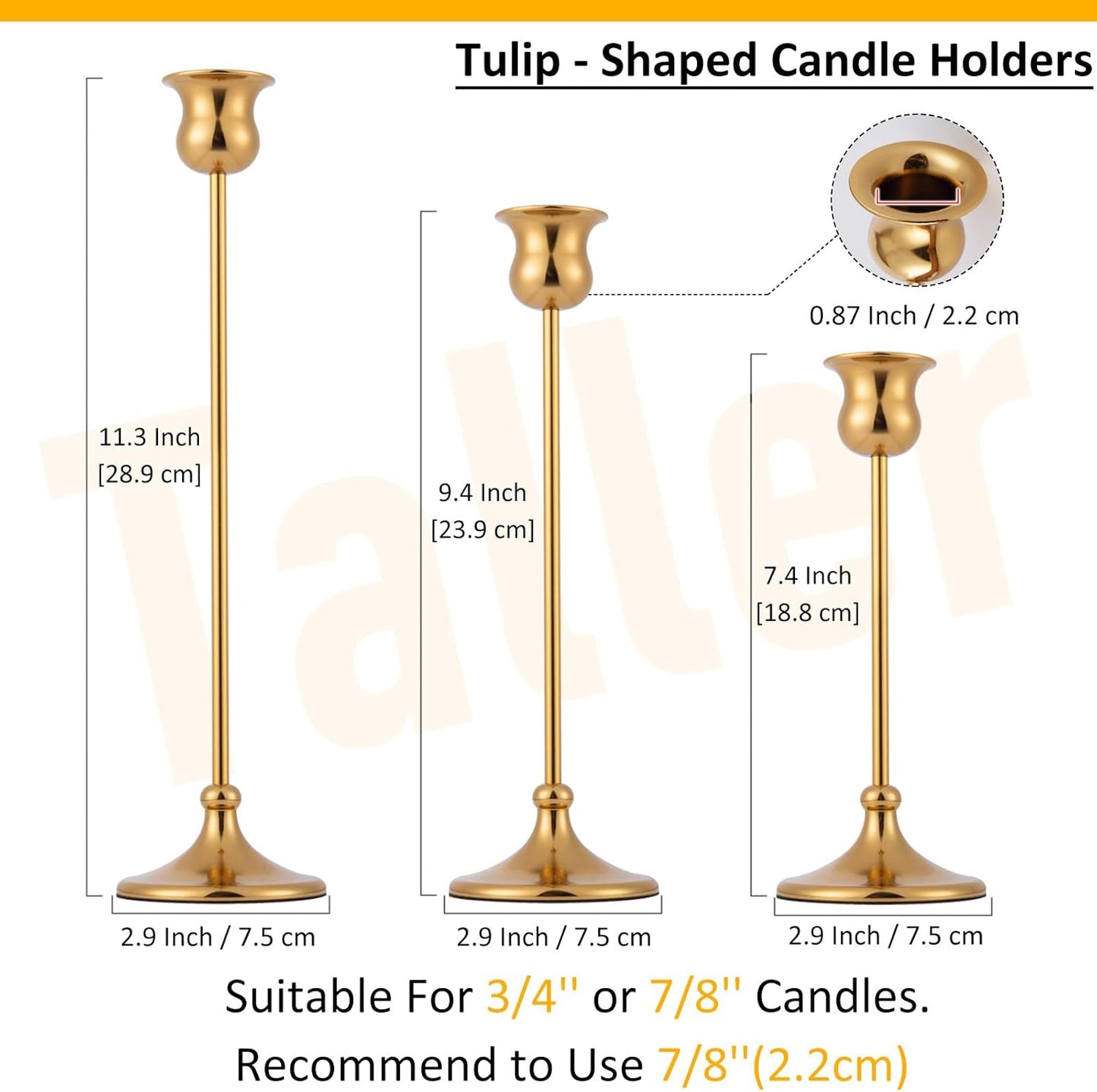 Taper Candle Holder Tall Vintage Metal Candlestick Holders Candle Stick Candelabra for Halloween Thanksgiving Christmas Holiday Wedding (Gold, 1 Set (3 pcs))