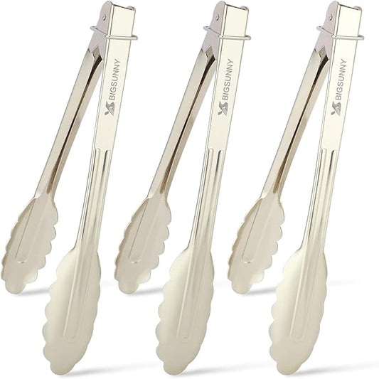 MSY BIGSUNNY 9 Inch Food Tongs for Cooking and Serving- Aluminum Kitchen Utensil - Set of 3 (silver)