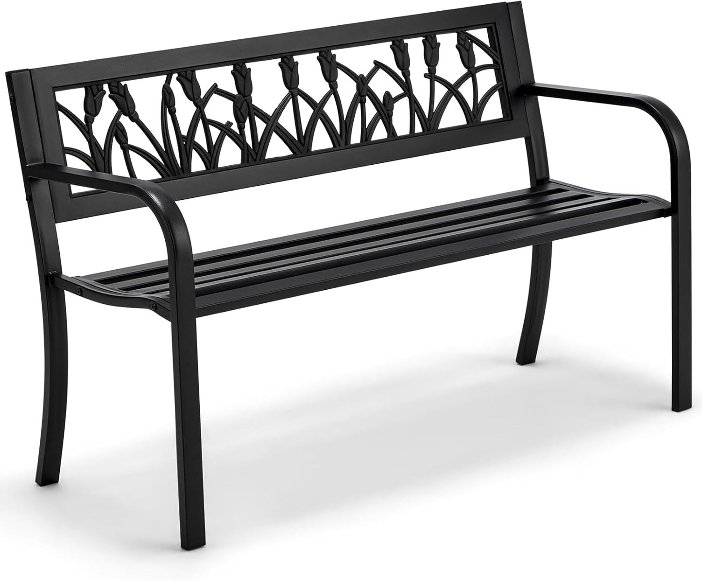 AVAWING Outdoor Bench, 2-Person Garden Benches for Outside, Metal Frame Patio Seating with Floral Pattern Backrest, Armrests for Lawn, Park, Porch, Entryway, Black