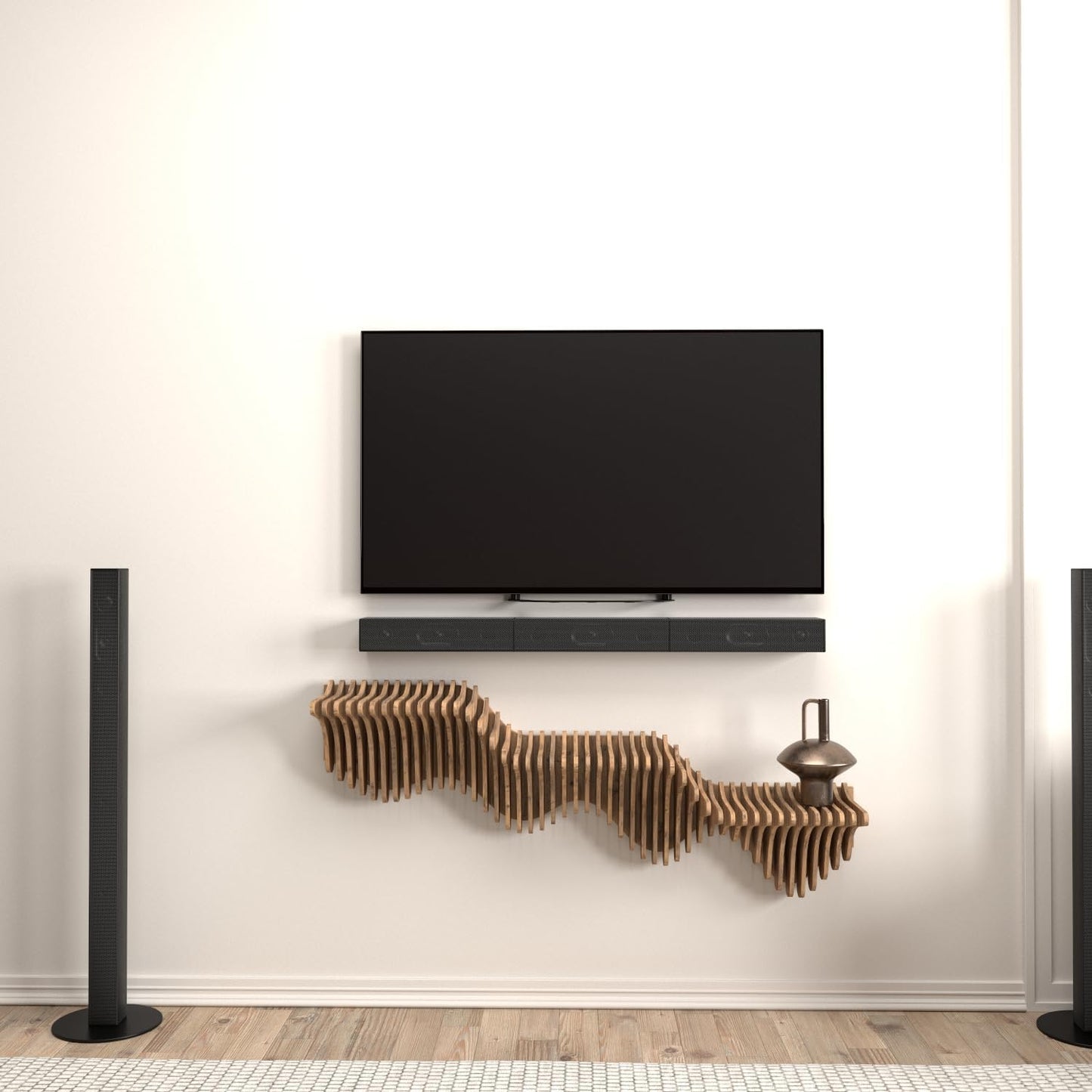 Parametric 40 inch Floating Shelf TV Unit Modern Geometric Wooden Wall Piece Decor Natural Oak Color 3D Wavy Living and Gaming Room Shelf