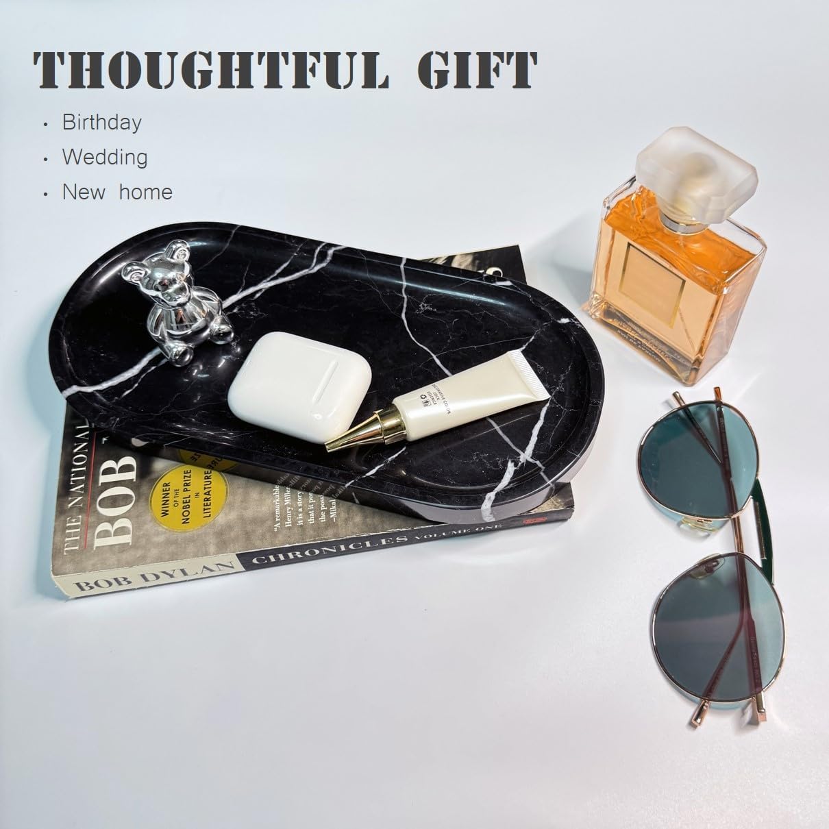 JINGJU Black Root Marble Oval Tray 10x5inches, Natural Stone Decorative Tray for Jewelry, Candle, Bathroom Counter, Coffee Table