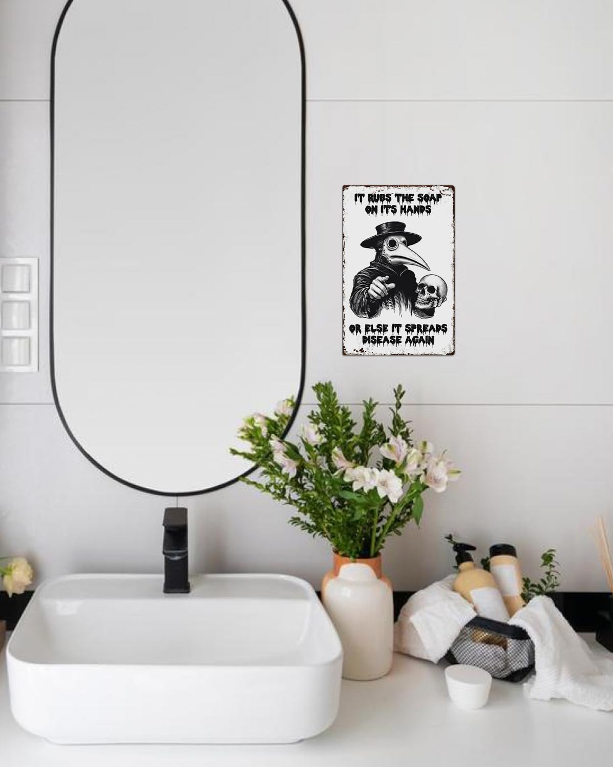 ALKB Halloween Bathroom Decor 8 x 12 Inch - Goth Plague Doctor Metal Tin Sign,Gothic Lovers Gifts,IT RUBS THE SOAP ON ITS HANDS