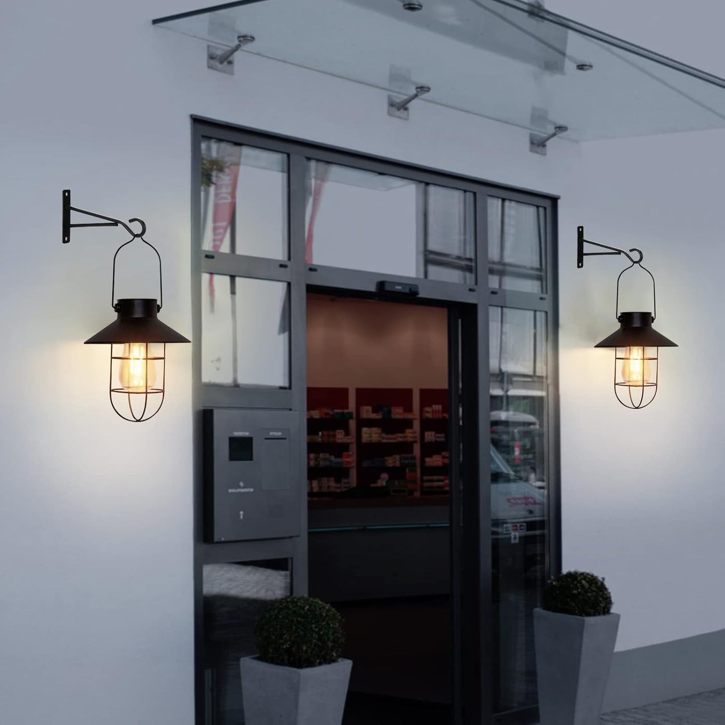 pearlstar Solar Lanterns Outdoor Metal Solar Powered Hanging Lights Waterproof for Wall Barn Yard Garden Patio Garage Balcony Porch Fence Decor, Warm White Edison Bulb (Black-2pack)