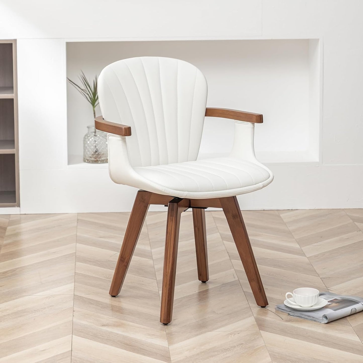 LUNLING Swivel Dining Chairs, Mid Century Modern White Faux Leather Kitchen Chairs with Arms,Bamboo Legs Side Chairs No Wheels,Accent Chair for Dining Rooms and Offices,1PCS