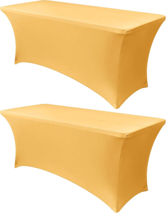 Obstal 6ft Stretch Spandex Table Cover for Standard Folding Tables - Universal Rectangular Fitted Tablecloth Protector for Wedding, Banquet and Party, 72L x 30W x 30H Inches, Gold, 2pc
