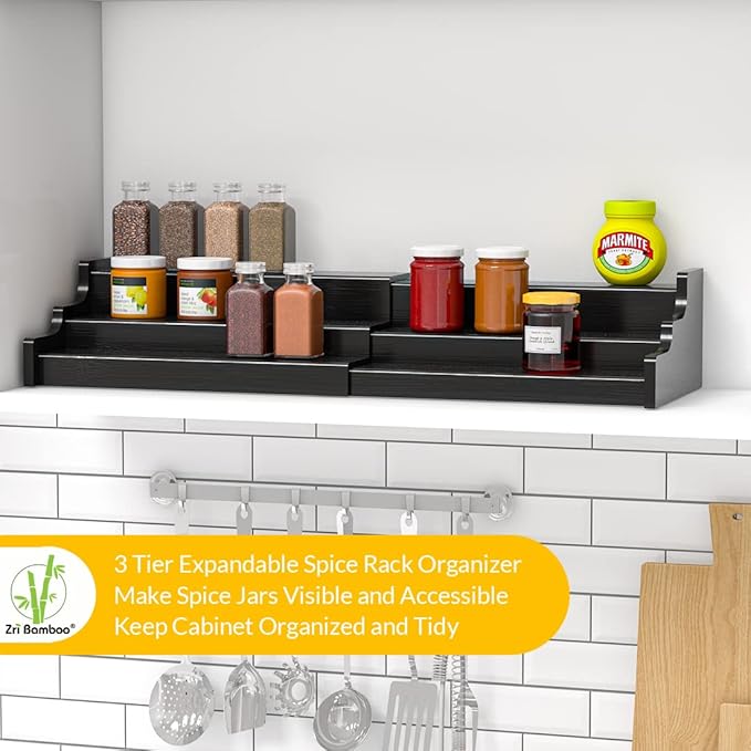 Spice Rack Organizer For Cabinet - 3 Tier Black Bamboo Wooden Expandable Display Shelf from 12.70 to 22.20 inch