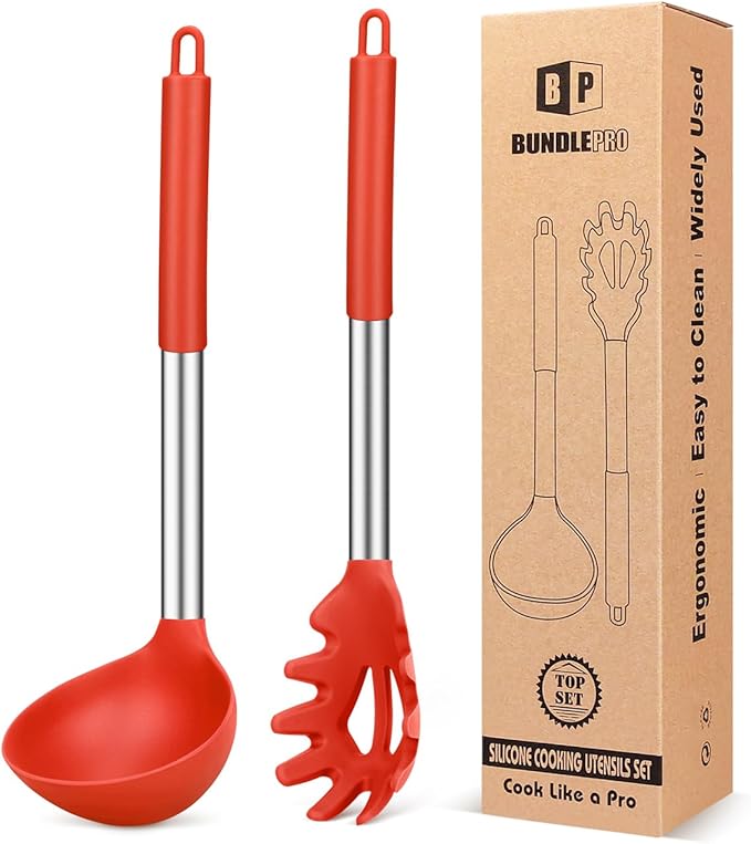 Silicone Pasta Fork and Ladle Spoon Set, Large Non Stick Kitchen Utensils for Cooking,Stirring,Serving Spaghetti, Soup, Sauce (RED)