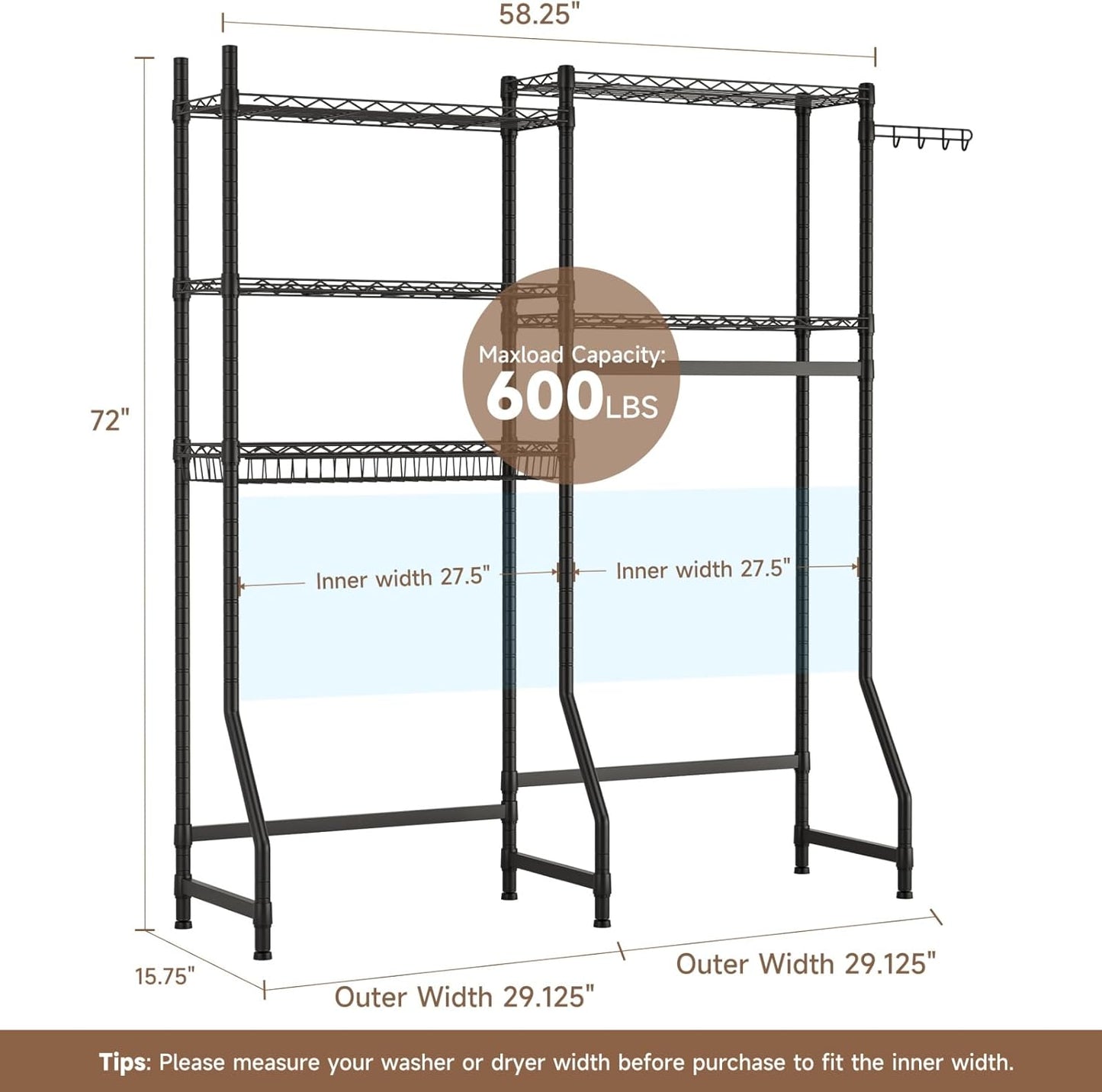 Over Washer and Dryer Shelves,Heavy Duty Laundry Room Storage Organization Clothes Drying Rack,5 Tier Adjustable Height Wire Shelving and Wire Basket with Hanger Rod&Hook,Space Saving Shelf
