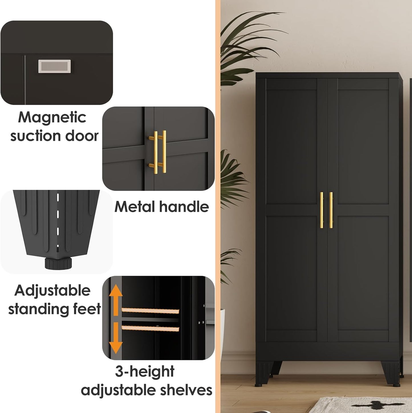 51" Kitchen Pantry Cabinet, Metal Storage Cabinet with 3 Adjustable Layer Shelves, 8 Door Shelves, Buffet Sideboard for Living Room, Kitchen, Black