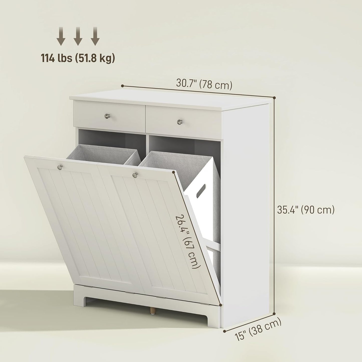 HOMCOM Laundry Hamper Cabinet with 2 Removable Baskets, Tilt Out Laundry Hamper Cabinet with 2 Drawers and 2 Beadboard Doors, Laundry Cabinet Bathroom Storage Cabinet, White