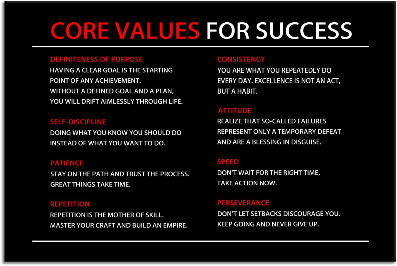 Inspirational Canvas Poster Core Values for Success Wall Art Painting Artwork Motivational Picture Print Wall Decor for Office Home Living Room Bedroom Wooden Framed Ready to Hang [12''Wx 18''H]