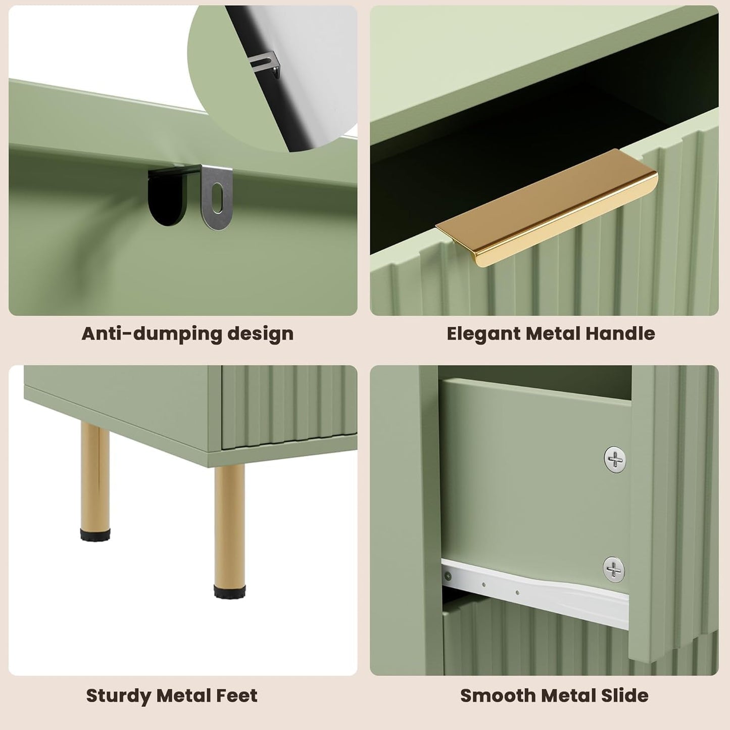 Green 6 Drawer Dresser for Bedroom, Fluted 47.2" Wide Modern Chest of Drawers with Deep Drawers, Long Large Double Dresser TV Stand for Living Room, Hallway, Kids Room