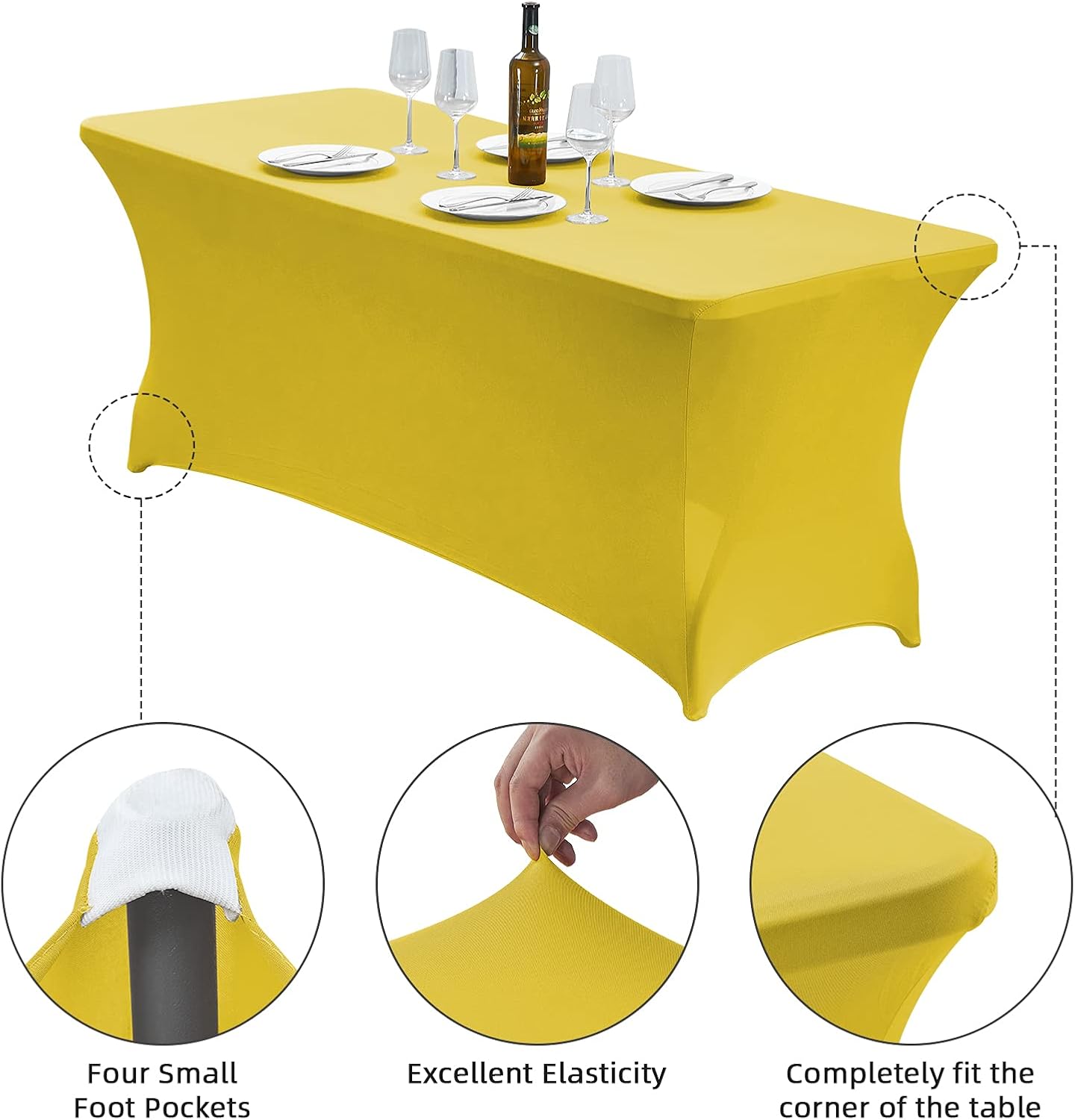 CWK 8FT Waterproof Stretch Spandex Table Cover for Rectangular Tables - Elastic Fitted Tablecloth for Folding Tables,Wrinkle Resistant Table Cloth for Parties, Weddings, Banquets & Events(Yellow)