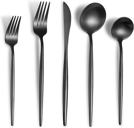 Matte Black Silverware Set for 6,Modern Stainless Steel Brushed Cutlery Set,30-Pieces Heavy Duty Flatware Set,Knives Spoons and Forks Set Utensils Set, Satin Finish, Dishwasher Safe