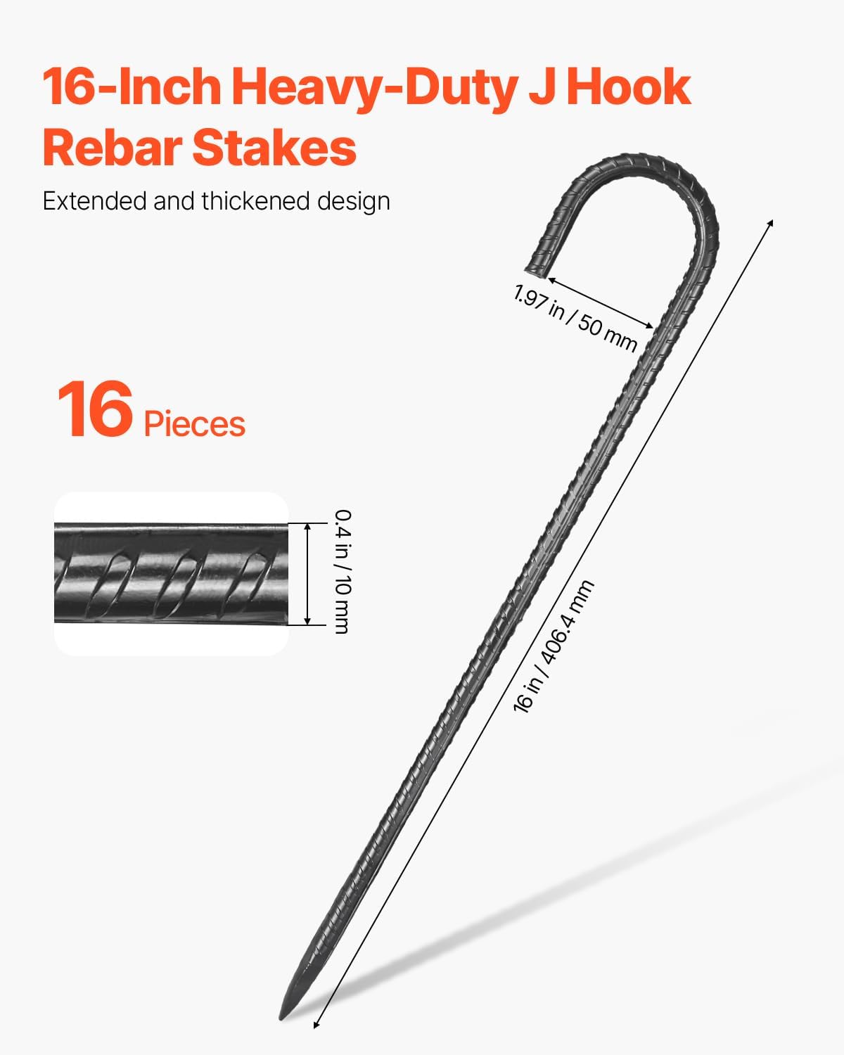 VEVOR Rebar Stakes, 16-Inch, Heavy-Duty 0.4 in Diameter J Hook, Galvanized Steel Ground Anchors with Chisel Point End & Rust-Resistant Coating, for Gardening Support, Fence, Camping Tents (16-Pack)