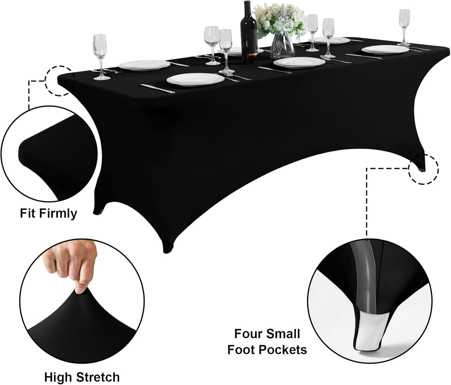 SuperO Waterproof Spandex Table Cover for 8FT Table Universal Fitted Stretch Tablecloth for Party, Banquet, Wedding and Events-Black
