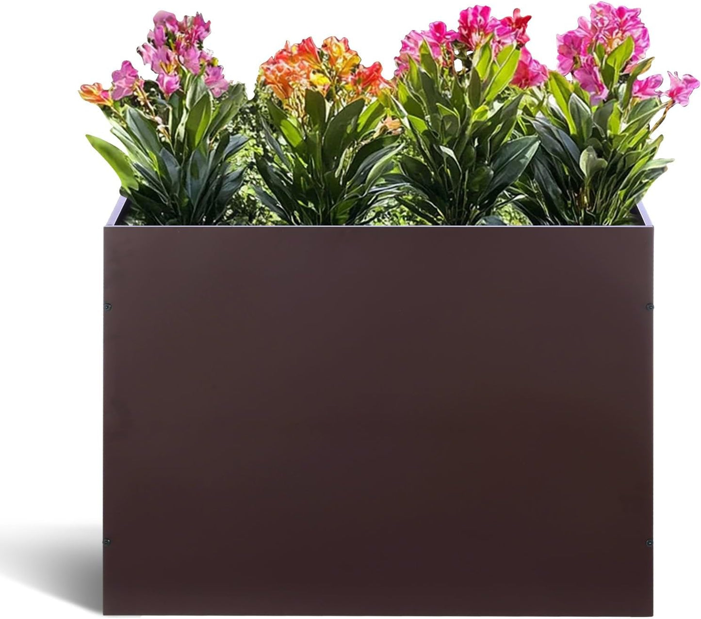 Metal Rectangular Planter Box Tall Planters for Outdoor Plants Modern Heavy Duty with Drainage Holes for Outside Indoor Patio Deck - Brown, 32”x 12”x 24”
