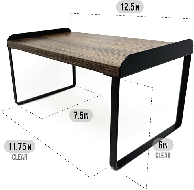 Mitus Shelf Organizer and Storage, Tiered Wood Cabinet Rack for The Kitchen Counter, Bathroom Counter, Pantry Cupboard, Office Desk Bookshelf, 12" Wide Walnut Brown and Black