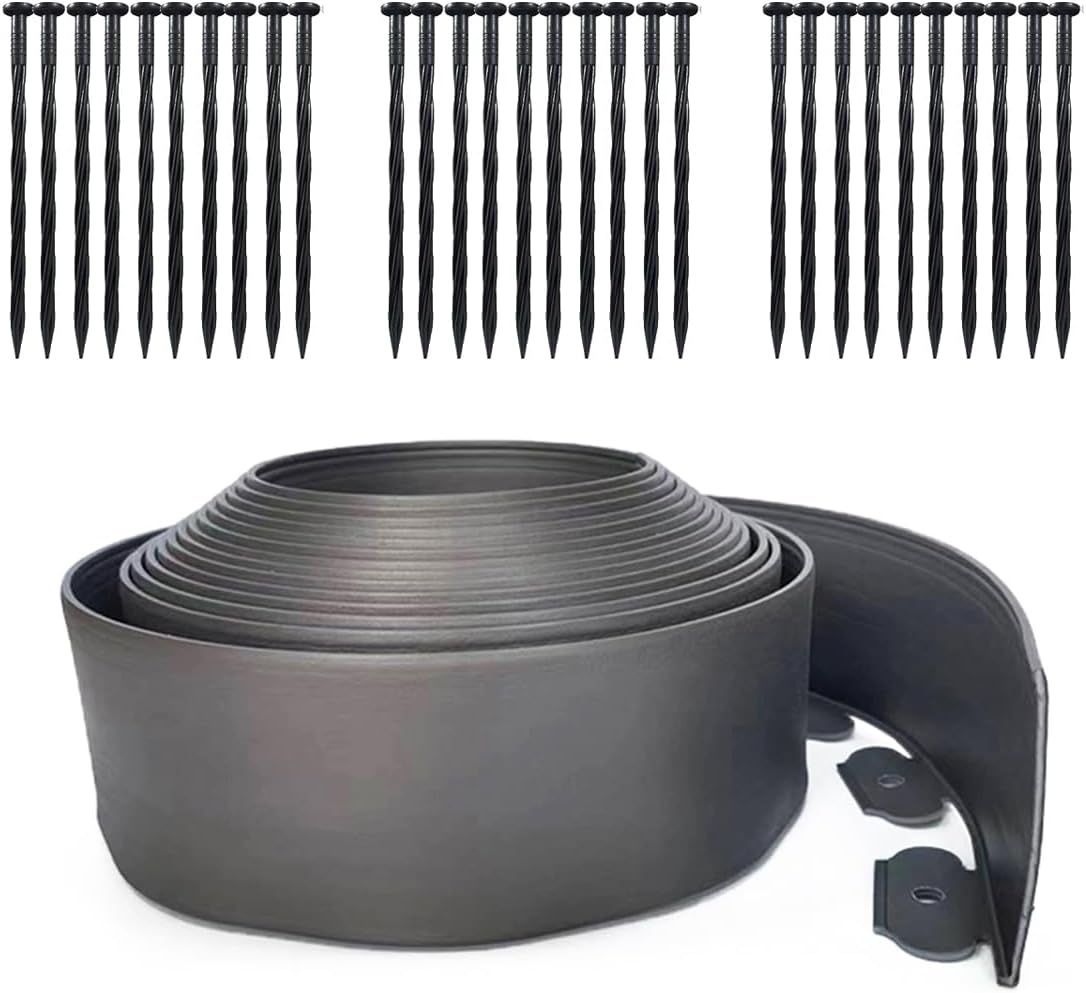 33FT Landscape Edging, 4 in Tall Garden Edging Borders with 30 Spikes,Flexible Lawn Edging Kit Plastic Mini Fence Borders for Grass Flower Beds, Pavement,Yard -Grey