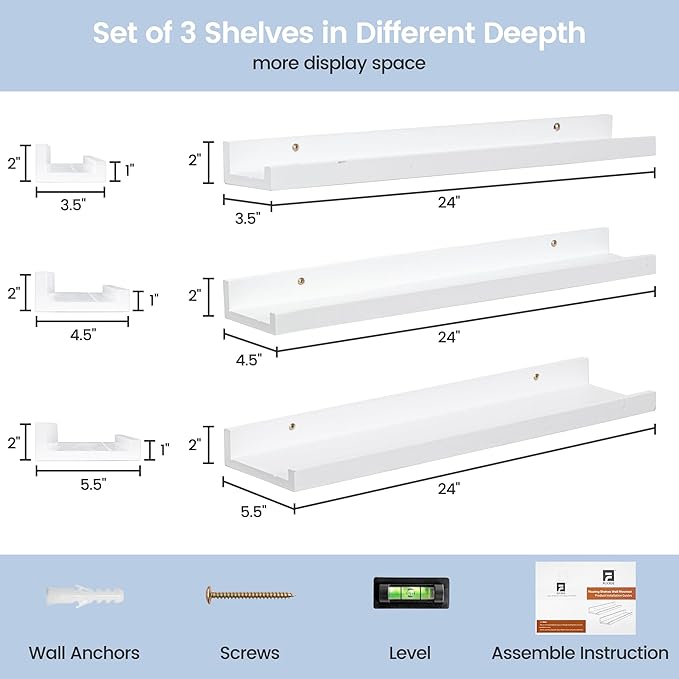 Picture Ledge Shelf for Wall, 24 inches Solid Pine Wood Nursery Book Shelves 3 Packs, Floating Ledge Shelves for Kids' Room Bedroom Bathroom Living Room Photo Frames Office Nursey Wall Decor, White