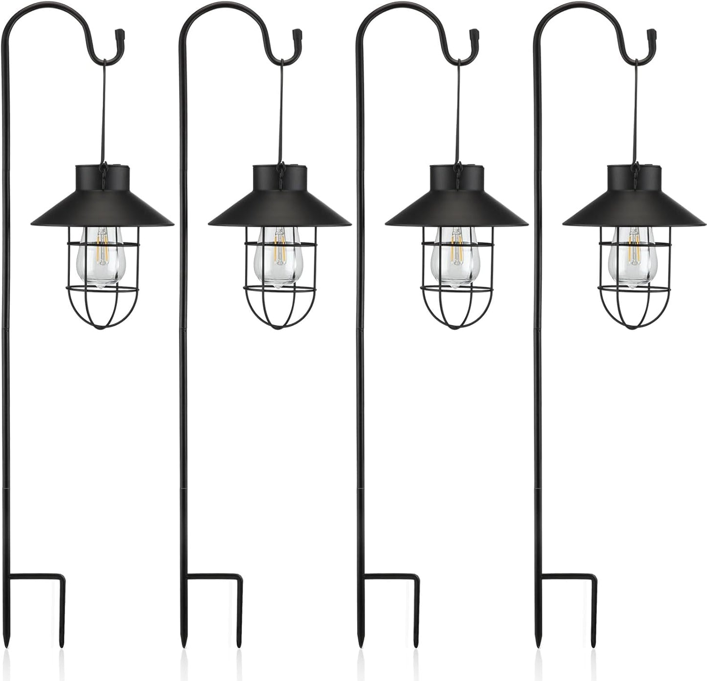 Retisee 4 Pcs Hanging Solar Light 31" Outdoor Solar Lamp Lanterns with Dual Use Shepherd Hook Waterproof Pathway Hanging Lights Metal Garden Lantern for Path Patio Yard Lawn Driveway Markers (Black)