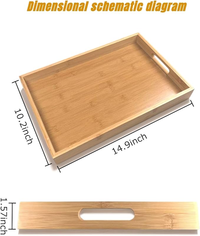 Large Bamboo Wooden Tray with Handles, Rectangular Natural Solid Wood Dinner Tray, Bamboo Wood Original Color. Suitable for Kitchen,Bedroom, Coffee, Party bar. (14.9x10.2 inches)