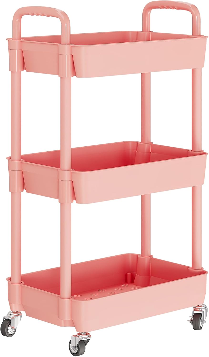 Laiensia 3-Tier Rolling Cart with Wheels,Multifunction Utility Storage carts, Kitchen Storage Organizer,Mobile Shelving Unit for Bathroom,Laundry,with Classified Stickers,Pink