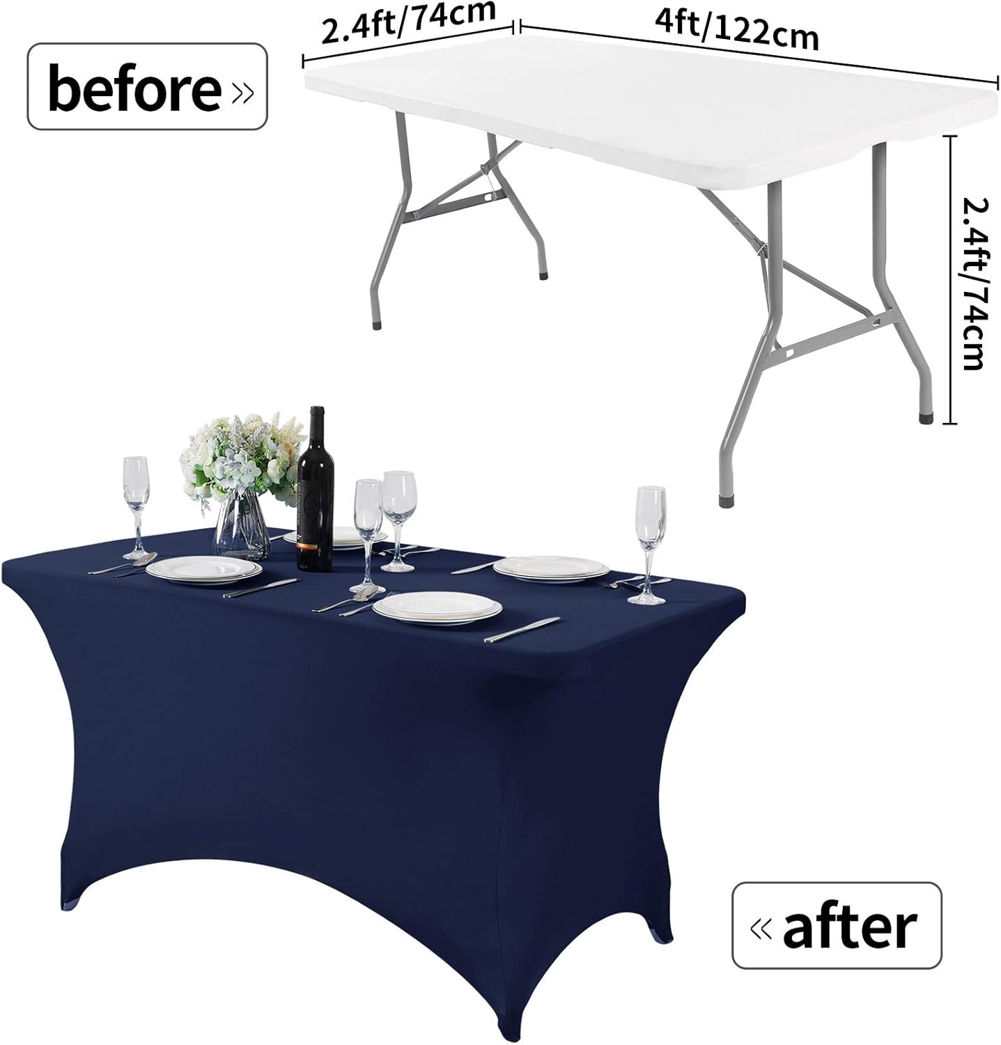 2Pack Spandex Table Cover for 4FT or 6ft or 9ft Table Universal Fitted Stretch Tablecloth for Party, Banquet, Wedding and Events-Navy
