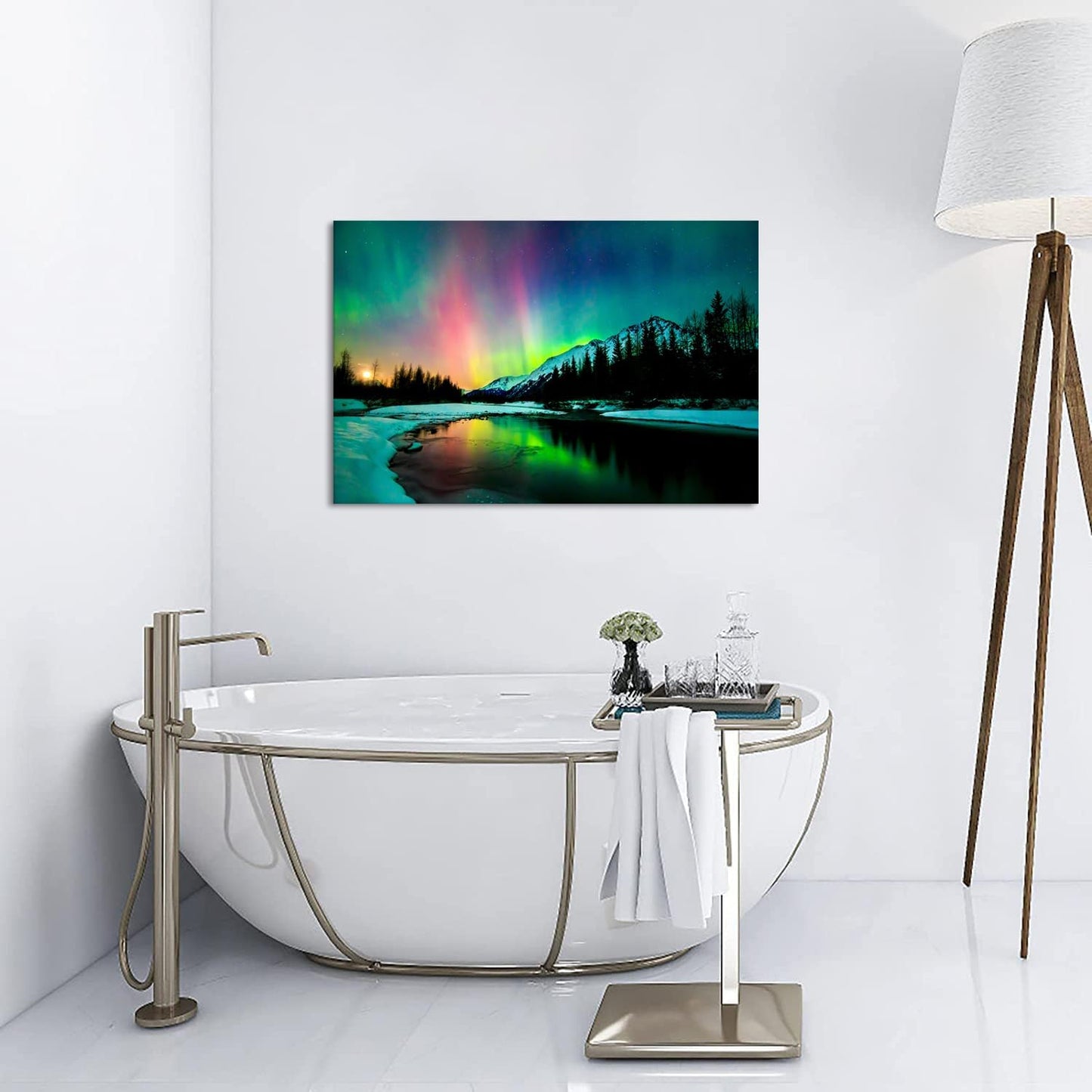 Aurora Borealis Canvas Wall Art Northern Lights Canvas Print Painting for Living Room Snowy-Mountains-Landscape Poster Picture Wooden Framed Prints Ready to Hang (20.00"x30.00")