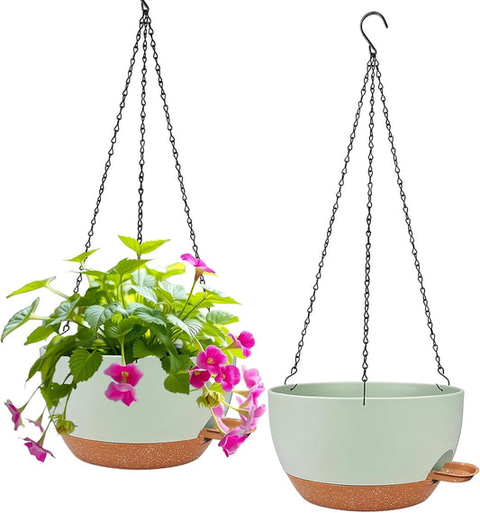 2 Pack Hanging Planters for Indoor Outdoor Plants, 12 Inch Self Watering Hanging Pot with Drainage Holes and Saucer, Plastic Plant Pots, Green Brown Flower Pots for Kitchen, Balcony, Garden