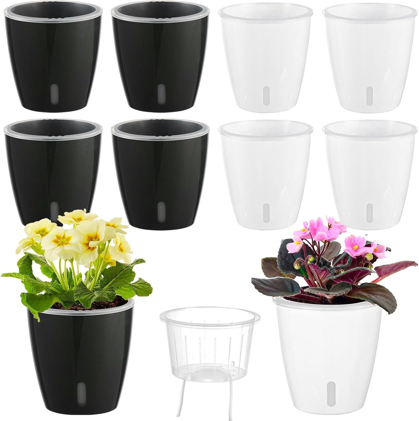 Self Watering Pots for Indoor Plants, 8-Pack 5'' Self Watering Planter with Drainage Holes, Small African Violet Pots with Water Level Indicator, Clear Wick Pot, White/Black
