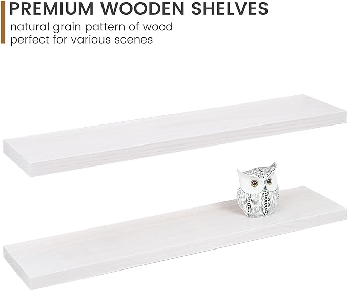 Floating Shelves 36 Inches Long - 8 Inch Deep Rustic Premium Solid Pine Wood for Storage - Farmhouse Wall Mounted for Living Room - Heavy-Duty Metal Bracket - 36" W x 8" D - Set of 2 - White Color
