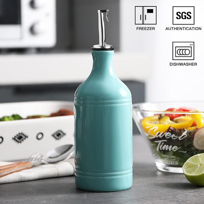 Sweejar Ceramic Olive Oil Dispenser Bottle, Opaque Oil Cruet Protects Oil to Reduce Oxidation, Suitable for Storage Oil, Vinegar, Coffee Syrups & Other Liquids, Pack of 1, 15.5 Fl Oz (Turquoise)