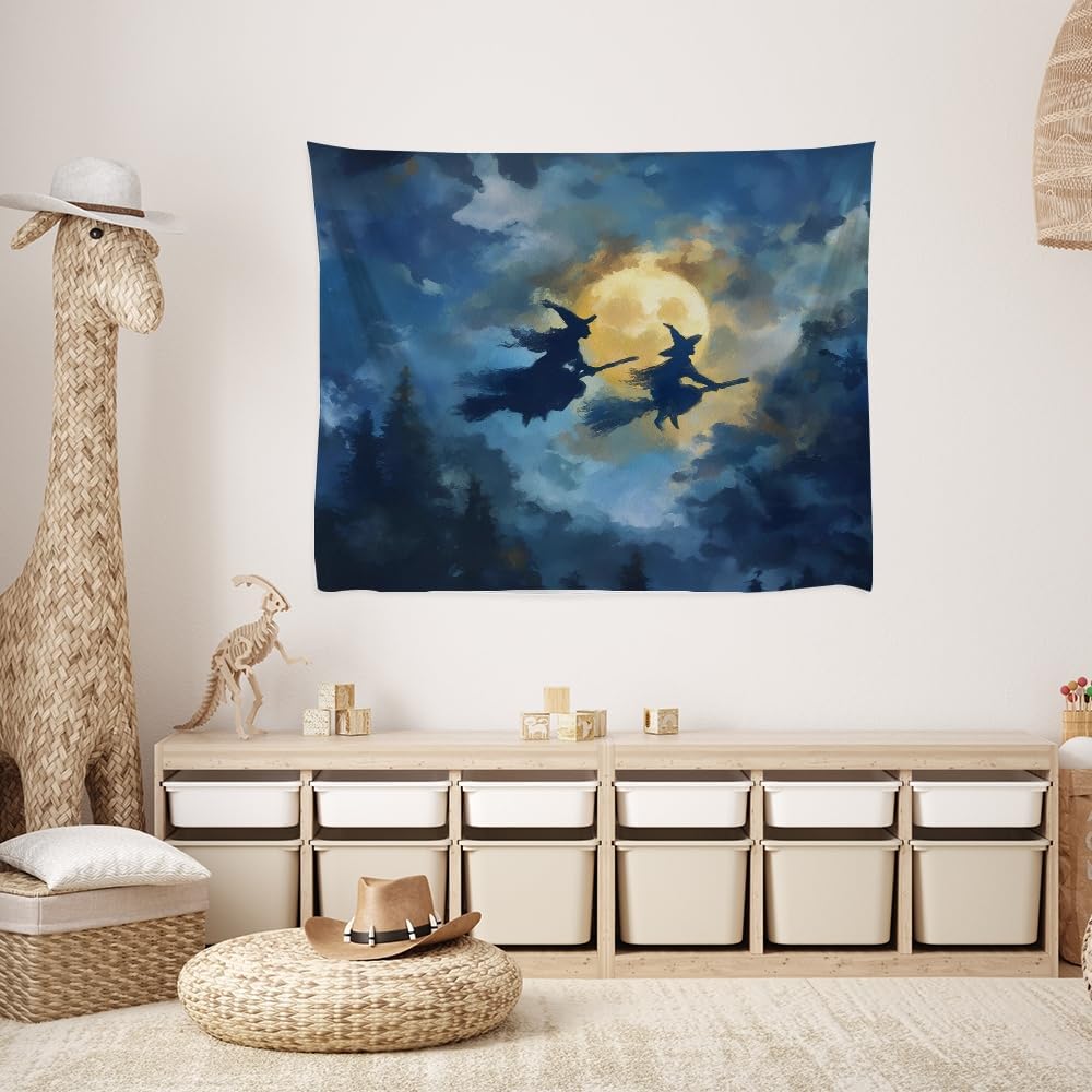 Spooky Halloween Witch Tapestry Wall Hanging Dark Fantasy Night Sky Aesthetic Print Flying Witches Under Full Moon Tapestries Horror Ghost Halloween Party Decor for Living Room Bedroom 30x40inch