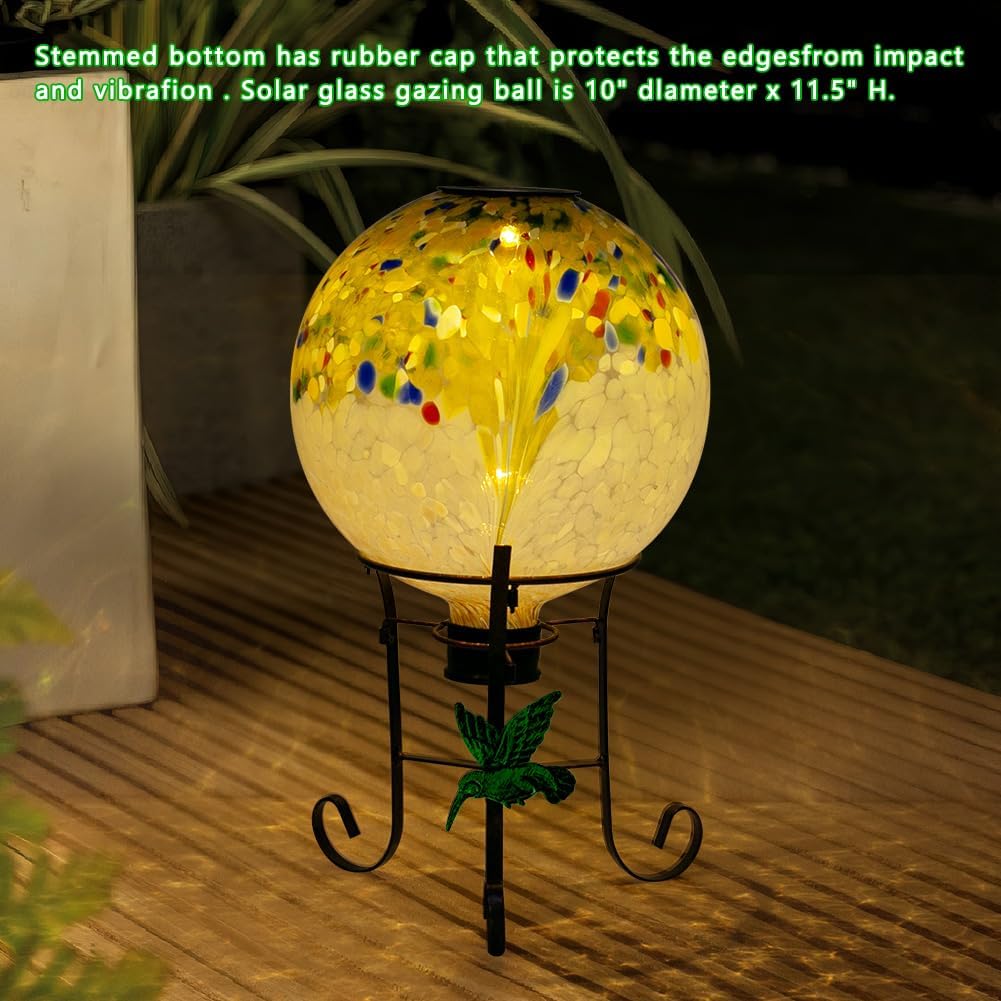 10" Diameter Solar Gazing Ball and 8.5" Metal Stand Indoor Outdoor Yard Art Ornament Coloful Spot Glass Globe Sphere Solar Gazing Balls for Garden,Lawn,Porch,Patio Birthday Gifts for Women,Mom