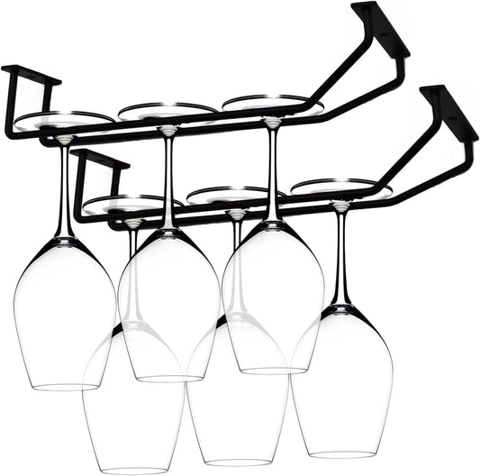 10.8 Inch Black Wine Glass Rack, Under Cabinet Wine Glass Holder Stainless Steel Stemware Rack - Hanging Stemware Holder for Cabinet Kitchen Bar, Set of 2