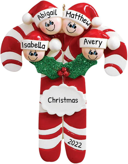 Candy Cane Family of 4 Ornament 2025 Personalized Family Christmas Ornaments 2025 | Holiday Keepsake Holly Berries Personalized Tree Ornaments for Grandchildren, Siblings & Grandkids of Four Ornament