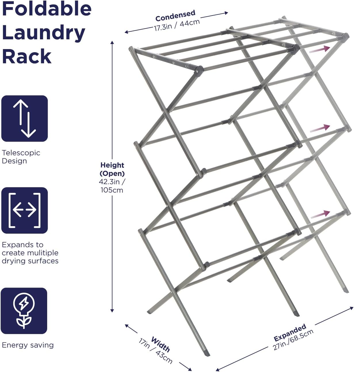 BLACK+DECKER 3 Tier Expandable Collapsing Foldable Laundry Rack for Air Drying Clothing, Space Saving Heavy Duty Lightweight Metal Drying Rack(Silver)
