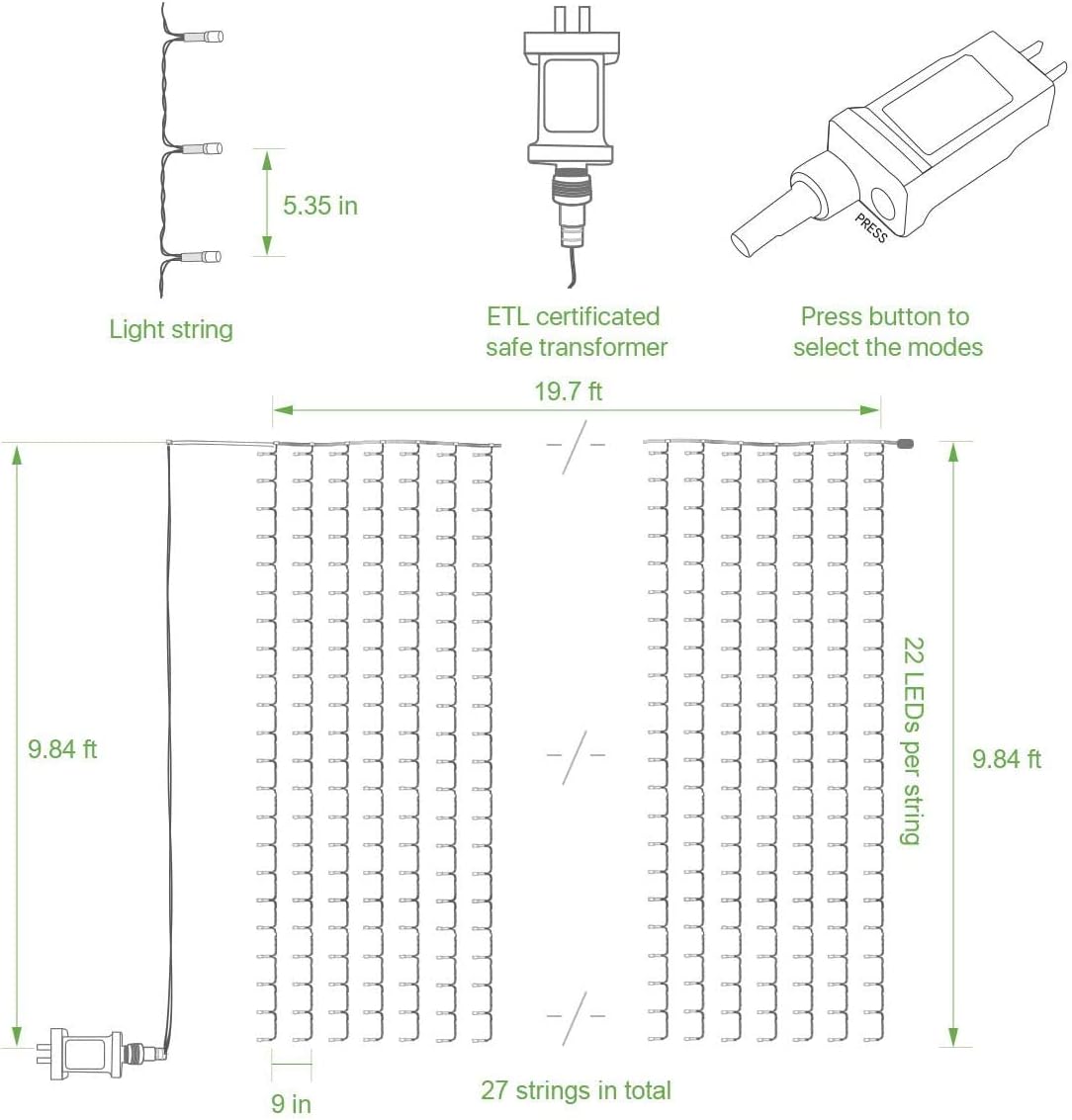 Lighting EVER 594 LED Curtain Lights Cool White, Hanging Fairy String Lights for Bedroom Wall, Indoor Outdoor Backdrop Lights for Wedding, Party, Patio Gazebo (20x10ft, 27 Strings, 9" Apart)