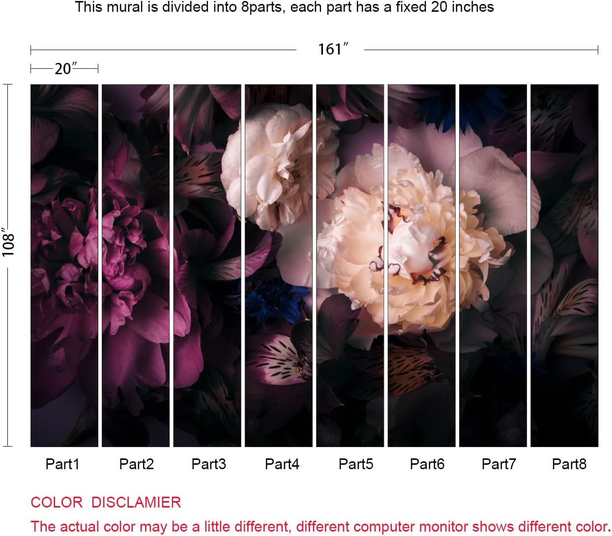 Dark Floral Wallpaper Peony Flowers Wall Mural Wallpaper for Girls Bedroom (Not Peel n' Stick)