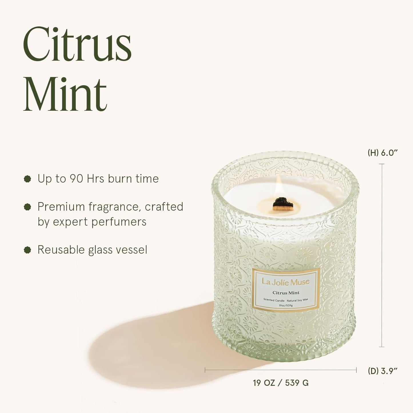 LA JOLIE MUSE Citrus Mint Candle - Bergamot, Yuzu, Mint | 19 oz Large Wooden Wick Candle | Natural Soy Wax | 90 Hours Clean Burn | Fresh Citrus Candles | Modern Home Decor
