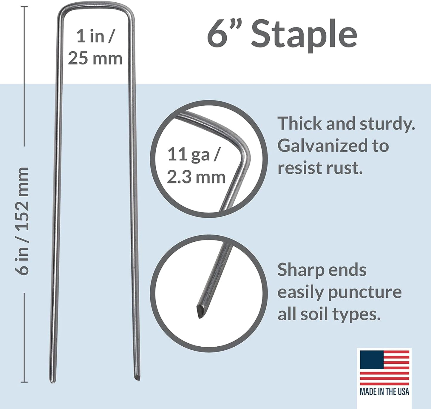 Pinnacle Mercantile USA Made 250 Pack Garden Landscape Staples Weed Barrier Fabric Stakes Galvanized 6 inch Pins Anti Rust Sod Staple 11 Gauge Steel