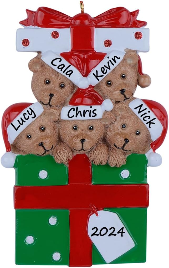 Personalized Family Ornament 2024, Bear Family of 5 Christmas Tree Ornament, Customized Teddy Bear Ornaments for Christmas Tree Decor, Unique Bear Gifts for Mom, Dad, Grandkids, Grandma, Grandpa