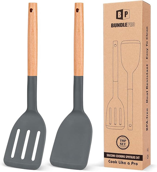 Pack of 2 Silicone Cooking Spatula, Heat Resistant Solid Turner, Non Stick Slotted Spatulas with Wooden Short Handle,Ideal Wood Kitchen Utensils Set for Frying, Baking, Flipping, Turning