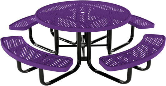 Heavy-Duty Portable Outdoor Kids Table with Umbrella Hole, Punched Steel Kids Picnic Table, Commercial-Grade, Made in America (46 in, Round, Childrens, Textured Purple)
