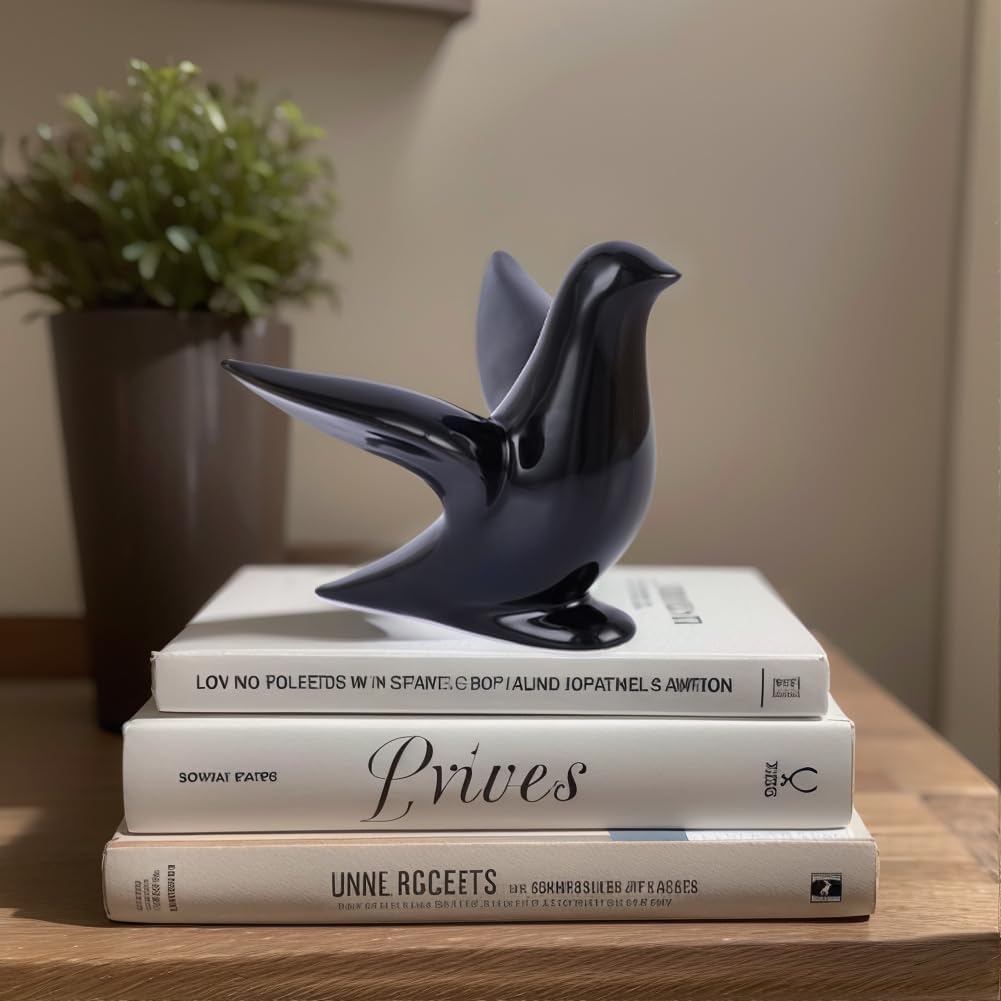 Modern Black Ceramic Bird Figurine – 5.1in Bird Statue for Home Decor Shelf or Table – Small Animal Sculpture Gift, Bird Room Decor, Bird Ornaments, Black Decor Accents
