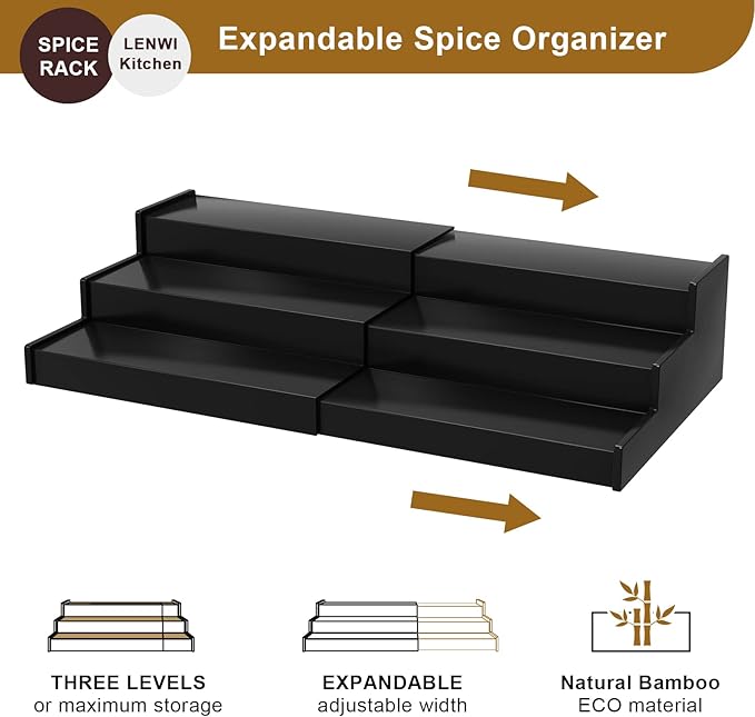 Spice Rack Organizer for Cabinet 2Pack, 3 Tier Expandable Bamboo Spice Storage, Great for Kitchen Cabinet, Cupboard,Pantry and More(Black)
