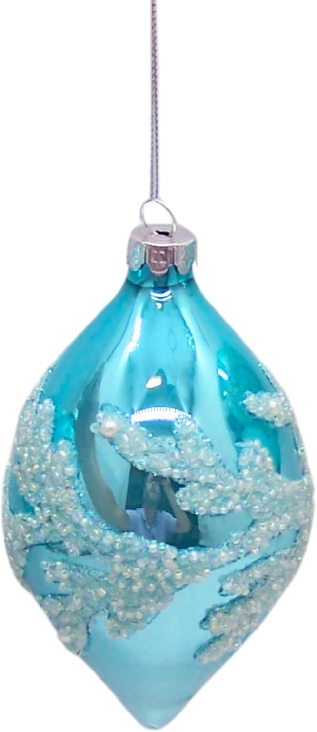 Glittery Blue Glass Coral Christmas Ornaments, Set of 3